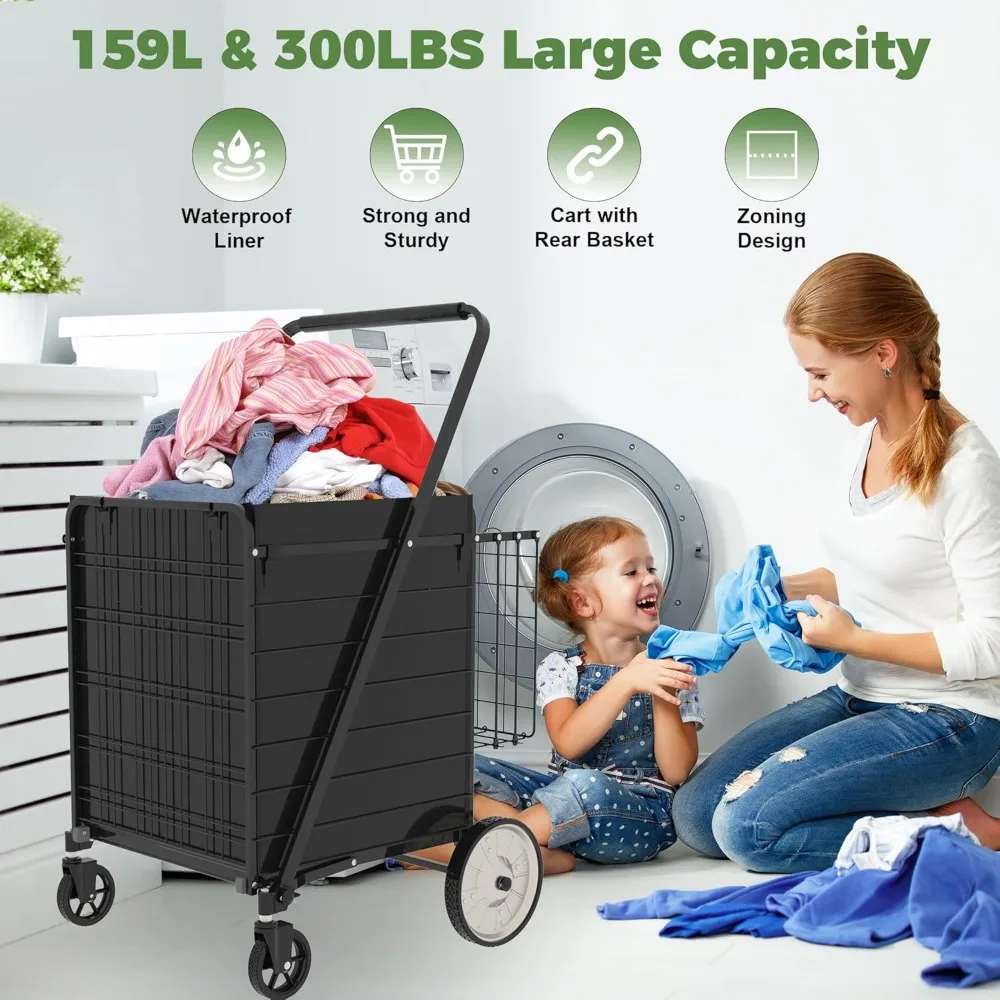 Robuster zusammenklappbarer Einkaufswagen für Lebensmittel – großes Fassungsvermögen mit 360° °   Schwenkräder, Hinterräder aus Metall, wasserdichtes Design