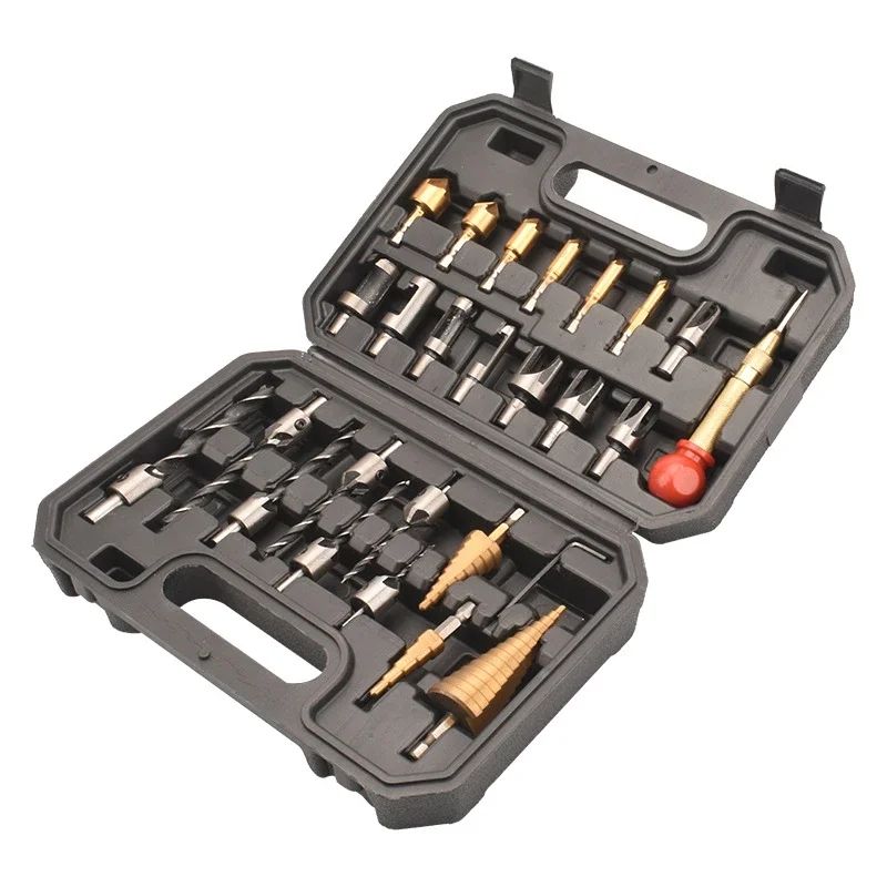 26Pcs Drill Bit Set for Wood Self-Centering Chamfer Tool with Countersink & Plug Cutters Woodworking Hole Opener Kit