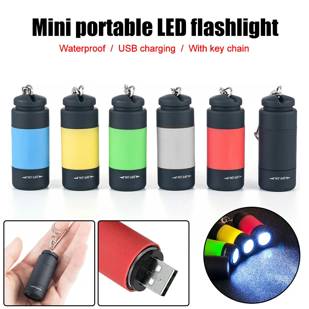 Super Tiny Mini Torches Keychain LED Flashlight USB Rechargeable Waterproof EDC Light Small Key Ring Hiking Camping Pocket Torch