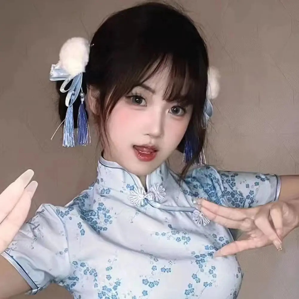 Kawaii Cloth Chun-Li Hair Bun Clip Barrettes Tassel Chinese Style Hairpin Hair Accessories Duckbill Clip Cosplay Headwear Daily