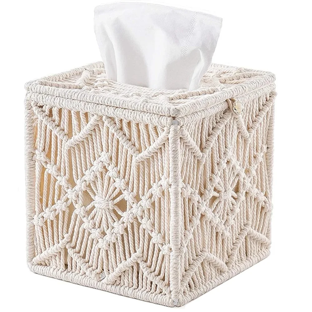 

Tissue Box Cover Boho Decor Square Paper Tissue Holder with Bead Buckle Macrame Napkin Tissues Organizer Home