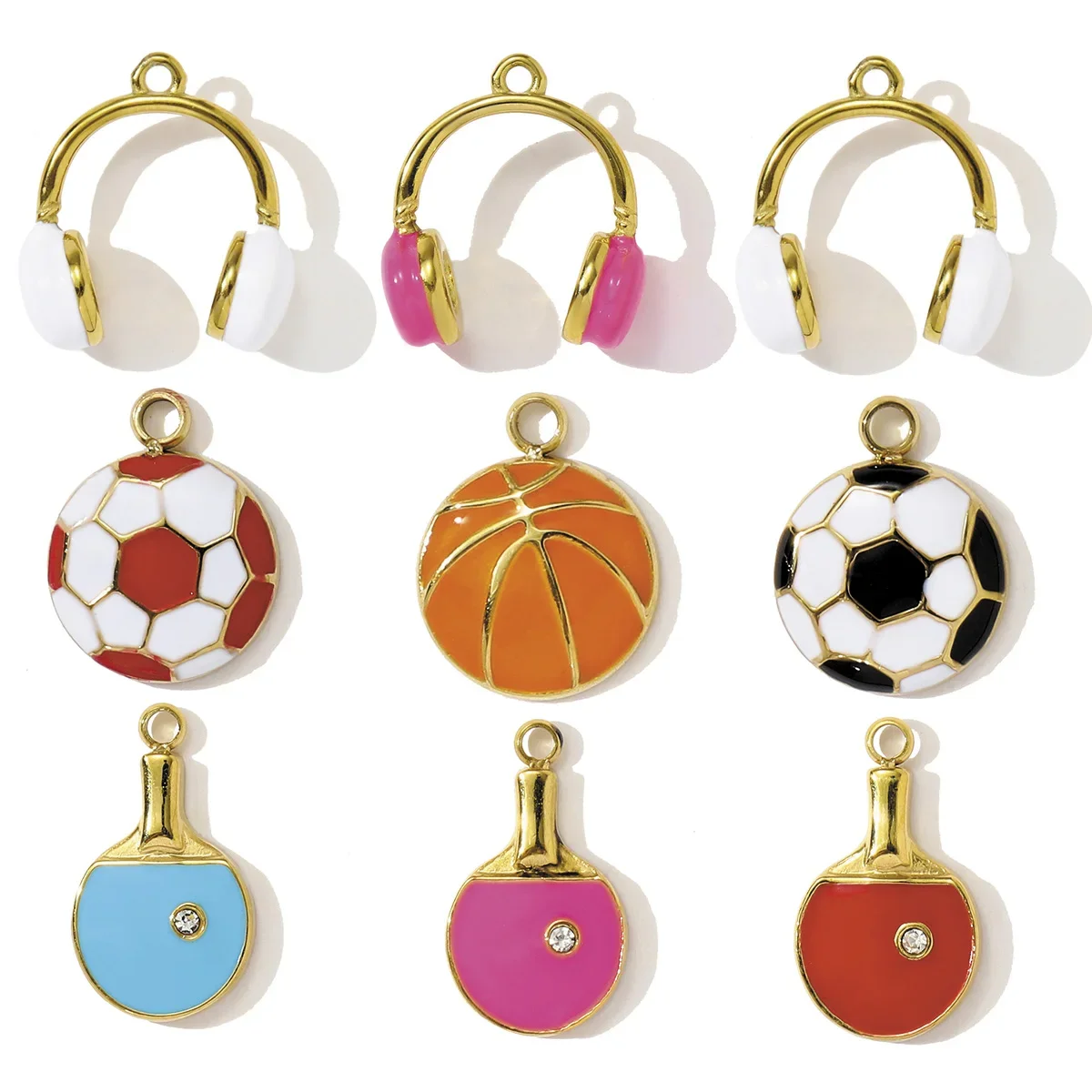 3pcs/Lot Stainless Steel Enamel Headset Table Tennis Racket Necklace Pendants Basketball Baseball DIY Charms Women Sport Jewelry