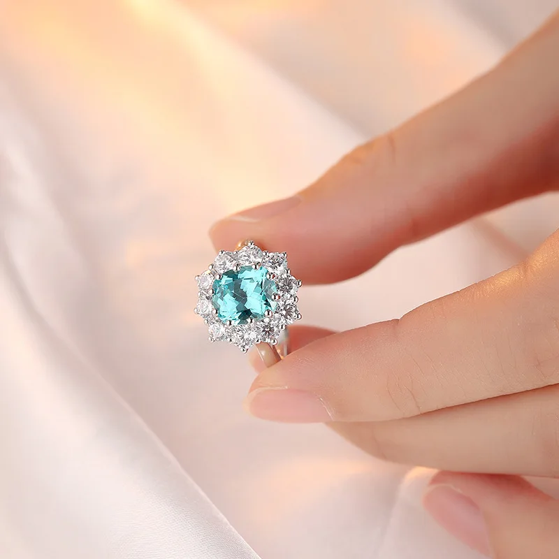Original Sparkling Flower Shape Created Paraiba Ring For Women 4.6 Carat Main Stone High End Luxury Jewelry For Festival Gift