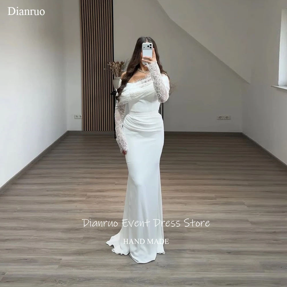 

Dianruo Ruched Appliques Wedding Dresses Satin Mermaid Vestidos De Novia Boda Off Shoulder Civil Evening Dresses Customized
