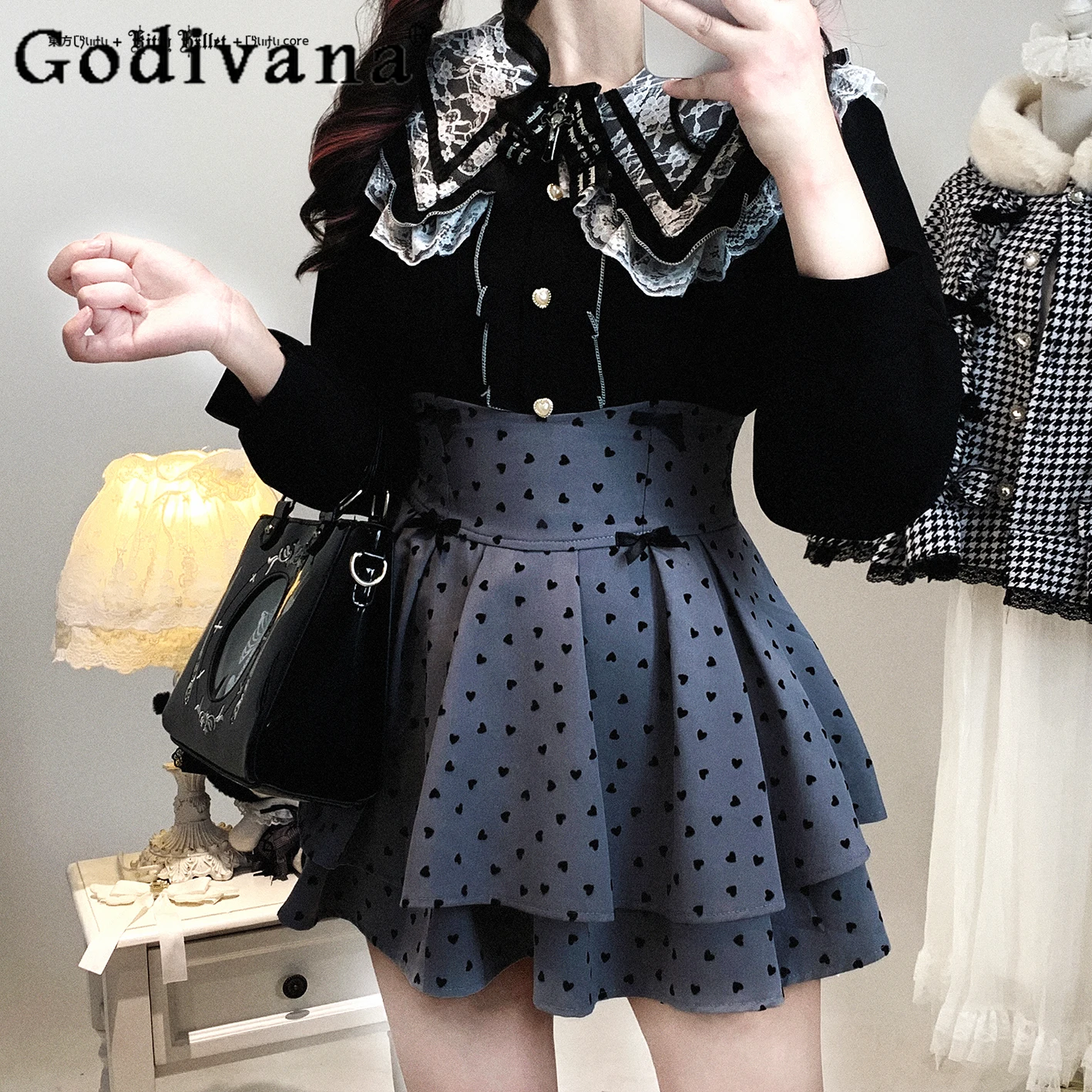 

Оригинальная японская юбка-юбка для девочек, комплект из 2 предметов, весенне-осенняя новая женская тонкая юбка в горошек, рубашка с длинными рукавами