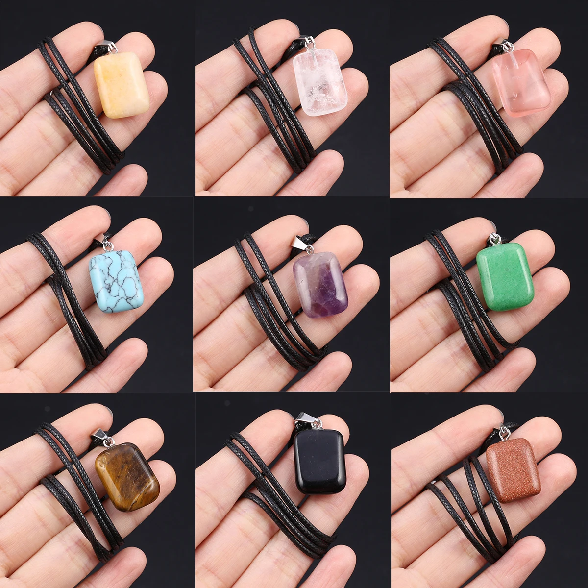 2025 Natural Stone Pendant Necklace Rectangle Natural Amethyst Rose Quartz Pendant Necklace for DIY Jewelry Accessory 15x25mm