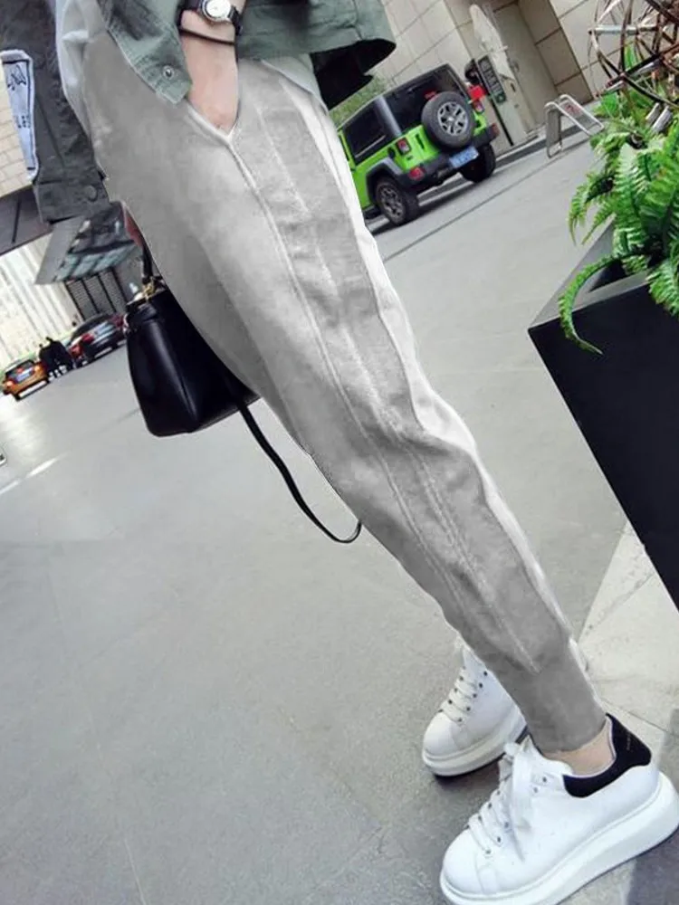 Grey Sports Pants Women Loose Cuffed Autumn Winter New High Waist Slim Small Size Nine Points Casual Sweatpants