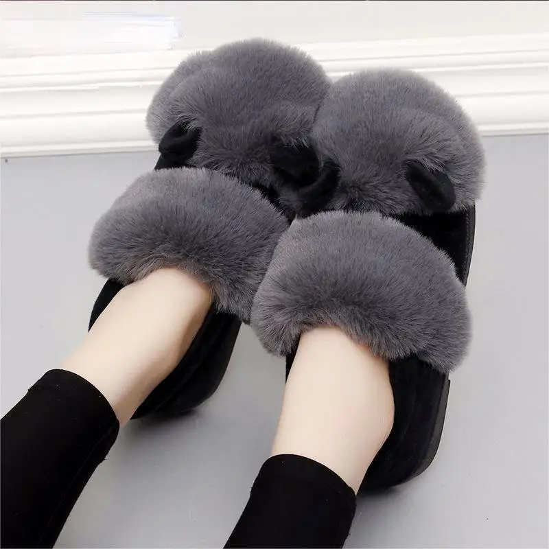 Pantoufles de dessin animé pour femmes, décor d'oreille, toboggans moelleux pour couples, chaussures d'intérieur chaudes en coton pour dames, hiver