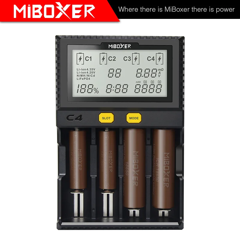 MiBoxer C4 Batterie Smart Ladegerät Doppel AA Max 2,5 A/Slot Super Schnelle 18650 14500 26650 Ladegerät entladung Ladung funktion