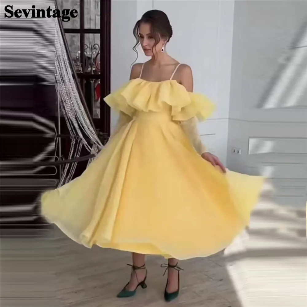 

Sevintage Hearty Yellow Organza Evening Dresses Spaghetti Strap Ruffles Off The Shoulder Women Princess Prom Dresses for women