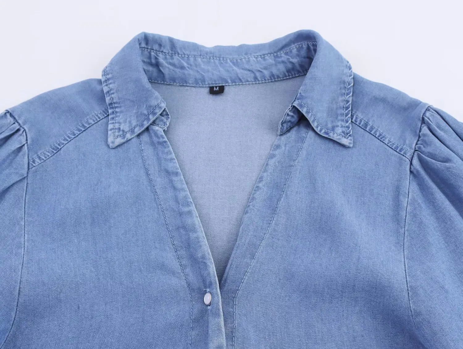 Women's Blue Denim Shirt with Bowknot Short Sleeves Loose Fit Single Breasted Blouse