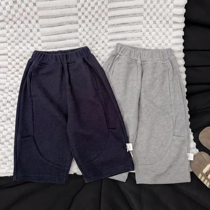2026 Autumn New Children Loose Trousers Girls Solid Straight Leg Pants Boys Waffle Sweatpants Baby Casual Pants Kids Clothes
