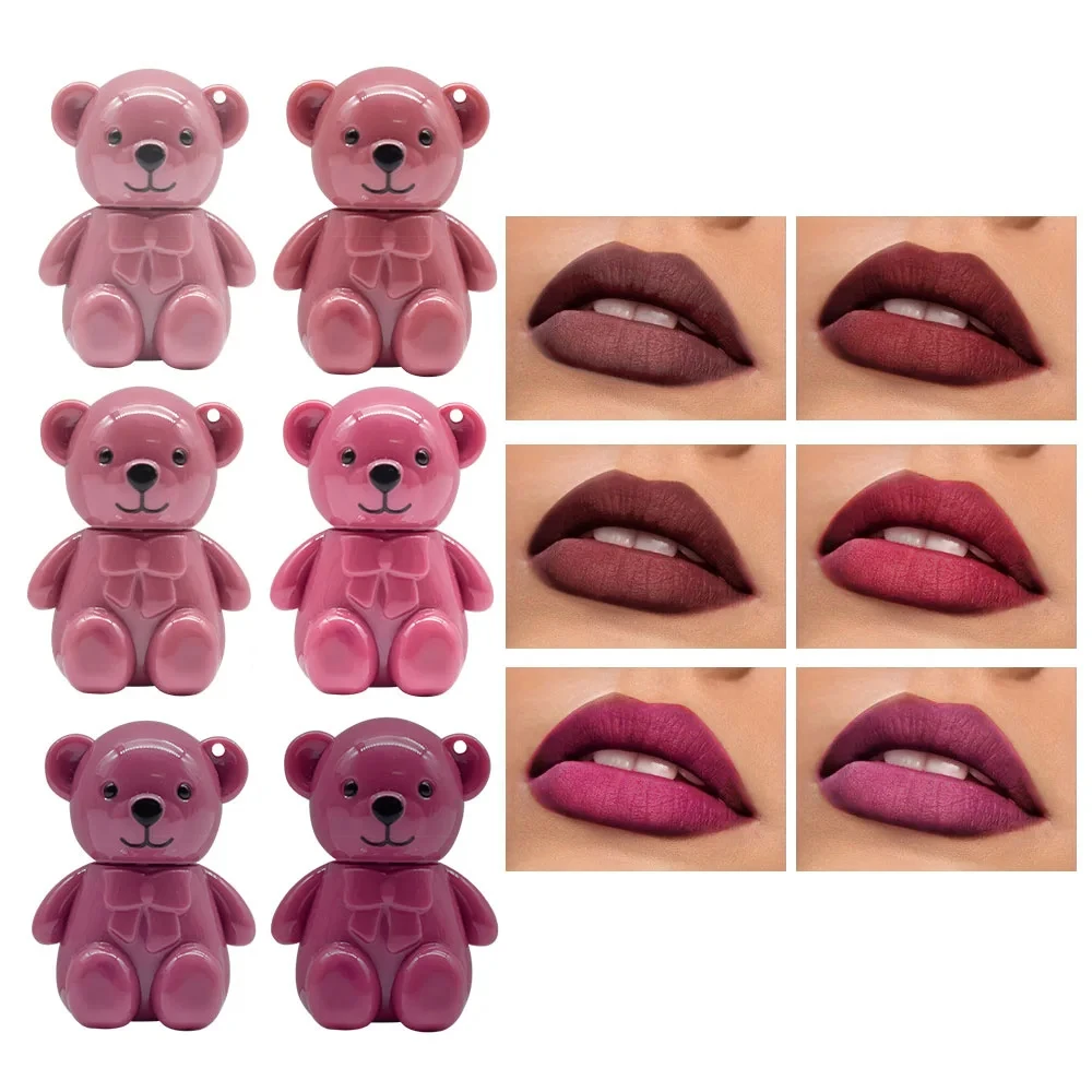 24pcs Kawaii Bear Velvet Matte Liquid Lipstick 6 Colors set Lip Gloss Waterproof Longlasting Nonstick Lip Tints Lips Makeup