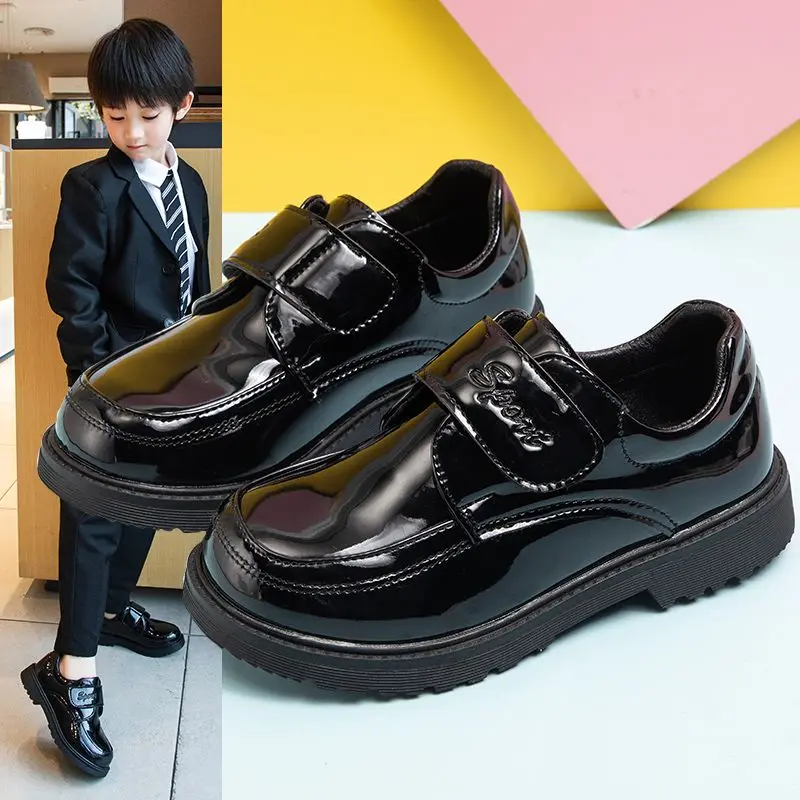 Kids Boys Leather School Shoes Black Soft Sole Formal Dress Shoes for Primary School Campus Performance Korean British Style