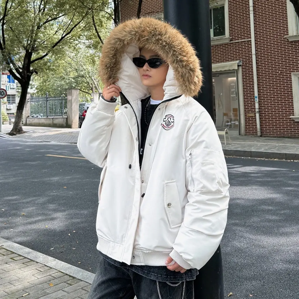 

Thickened Cotton Jacket With Hood And Fur Collar For Men And Women Winter Warm Down Cotton Short Workwear Style Outdoor Coat