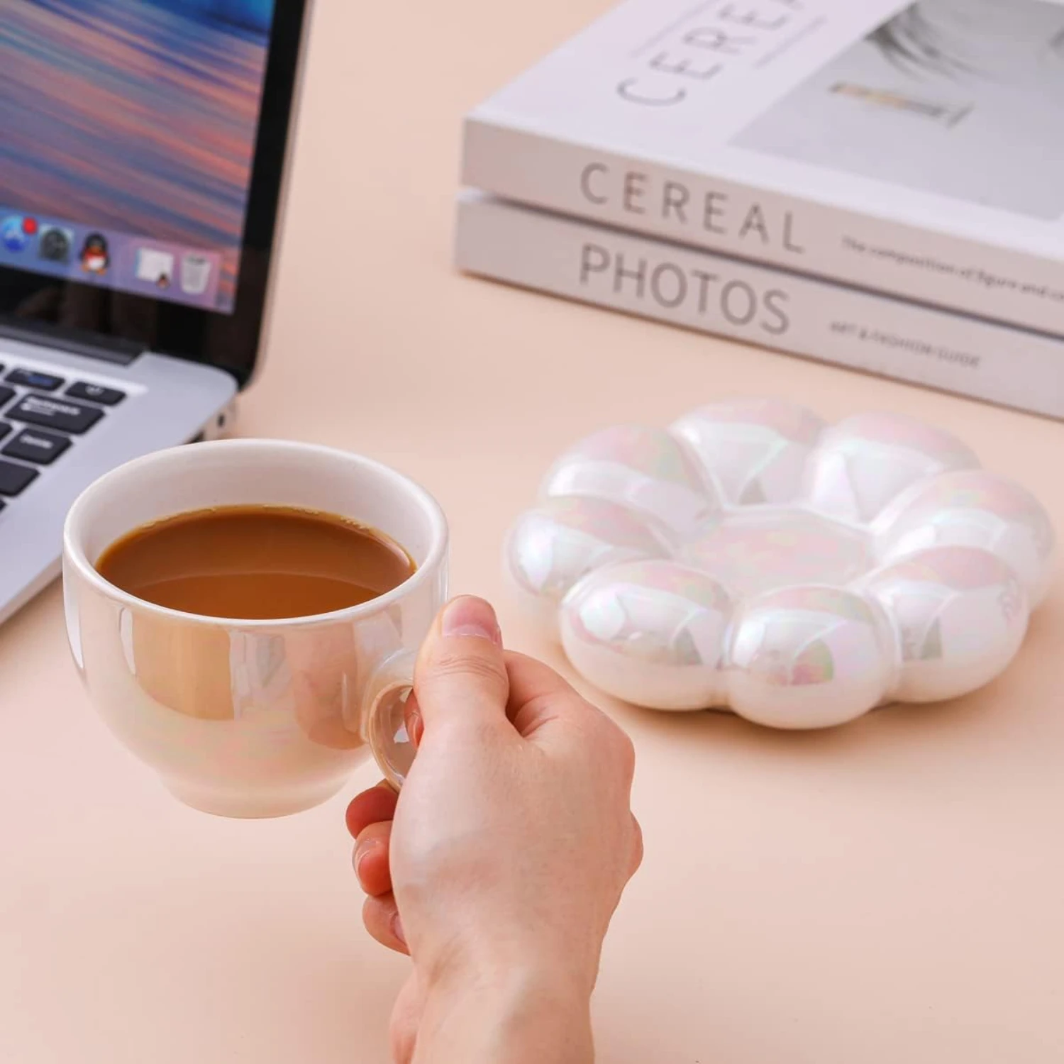 Cute Cloud Design Ceramic Coffee Mugs - Set of 2 with Sunflower Coaster