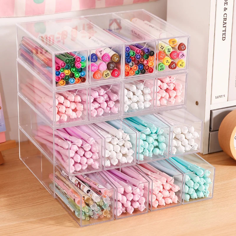 4 Grids Pen Pencil Storage Box Acrylic Desk Organizer Drawer Type Multi-function Washi Tape Stationery Office Supplies