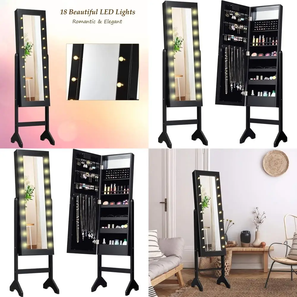 

Illuminated Jewelry Cabinet with Full-Length Mirror, 18 LED Lights, 16 Lipstick Holders, and Built-in Makeup Mirror in Black