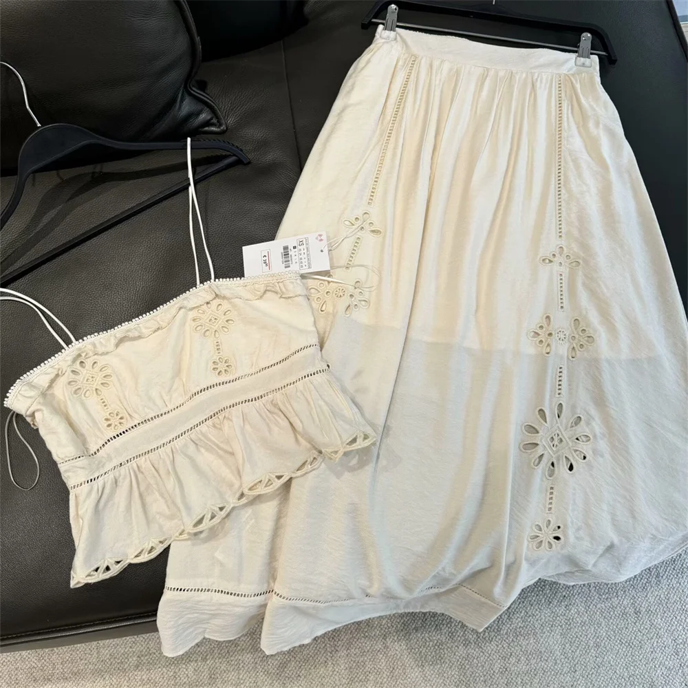 

BMURHMZA Summer New Product: Women's Fashion Casual Hollow Embroidery Straight Collar Strap Top High Waist Skirt