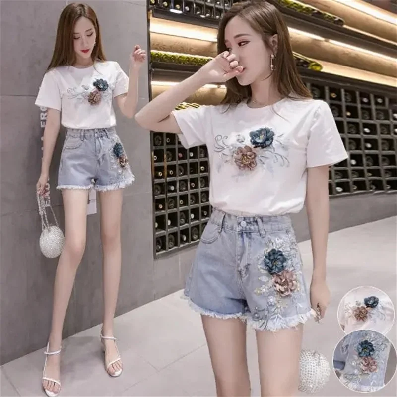 Summer Beading Women Sets Sequins Embroidery 3D Flower Short Sleeve T Shirt And Hole Jeans Skirt 2pcs Female Skirt Suits 3XL 692