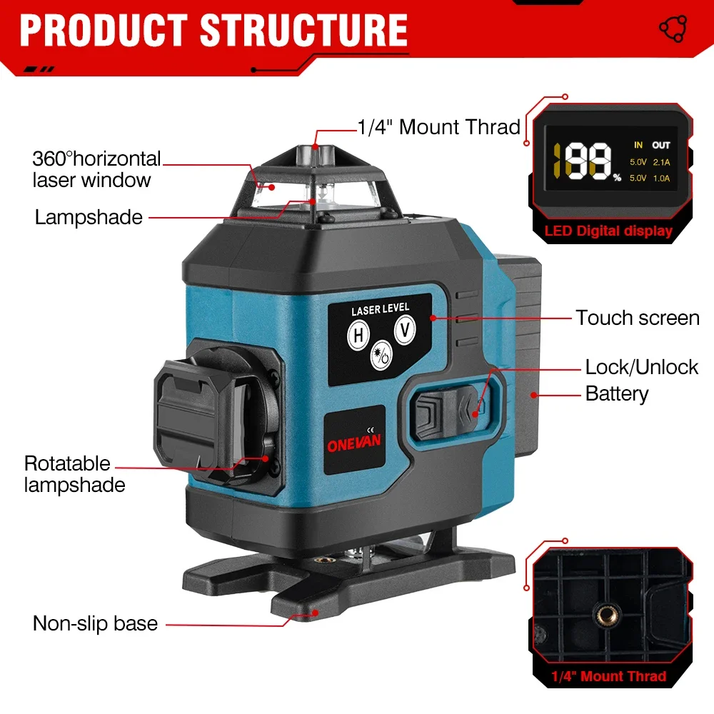 16Line 4D Laser Level Self Leveling With Digital Display 360 Horizontal Vertical Cross Rechargeable Battery Leveling Tool