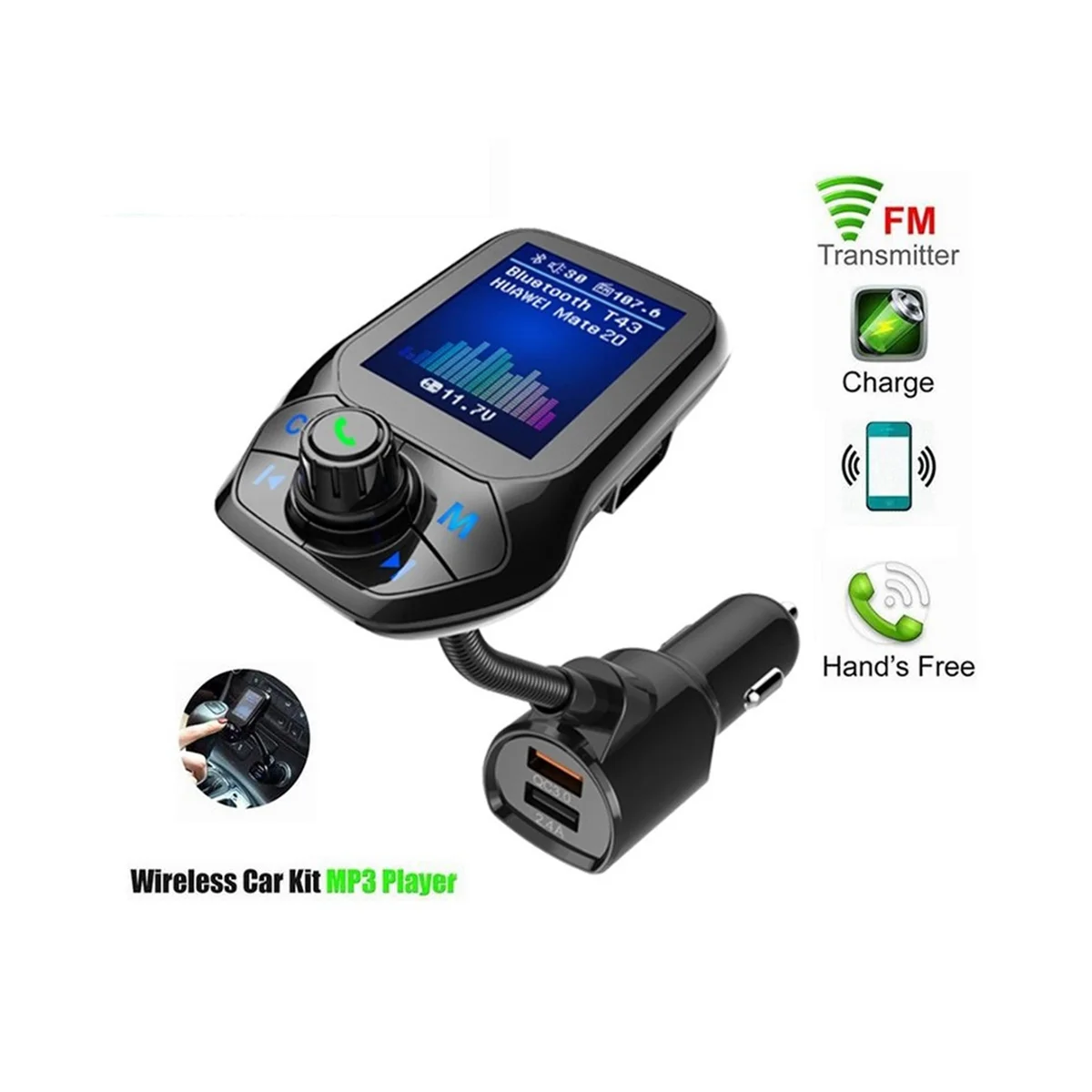 Bluetooth 5.0 FM Transmitter Car USB MP3 Player Wireless Handsfree Car Kit with QC3.0 Car Quick Charge