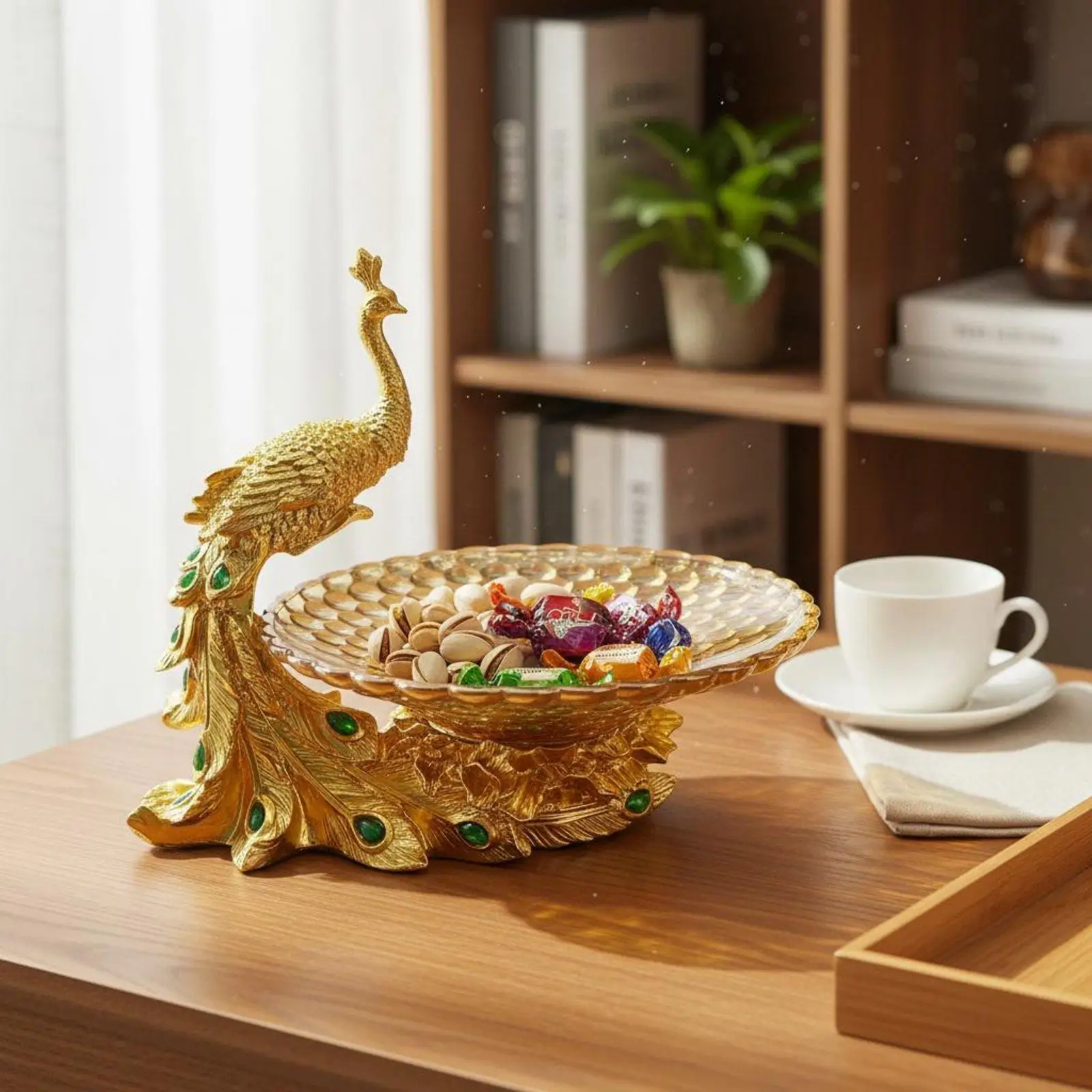 Gold Peacock Bowl Decorative Serving Tray with Rhinestone Accents Versatile Candy Nut Dish for Coffee Table Living Room