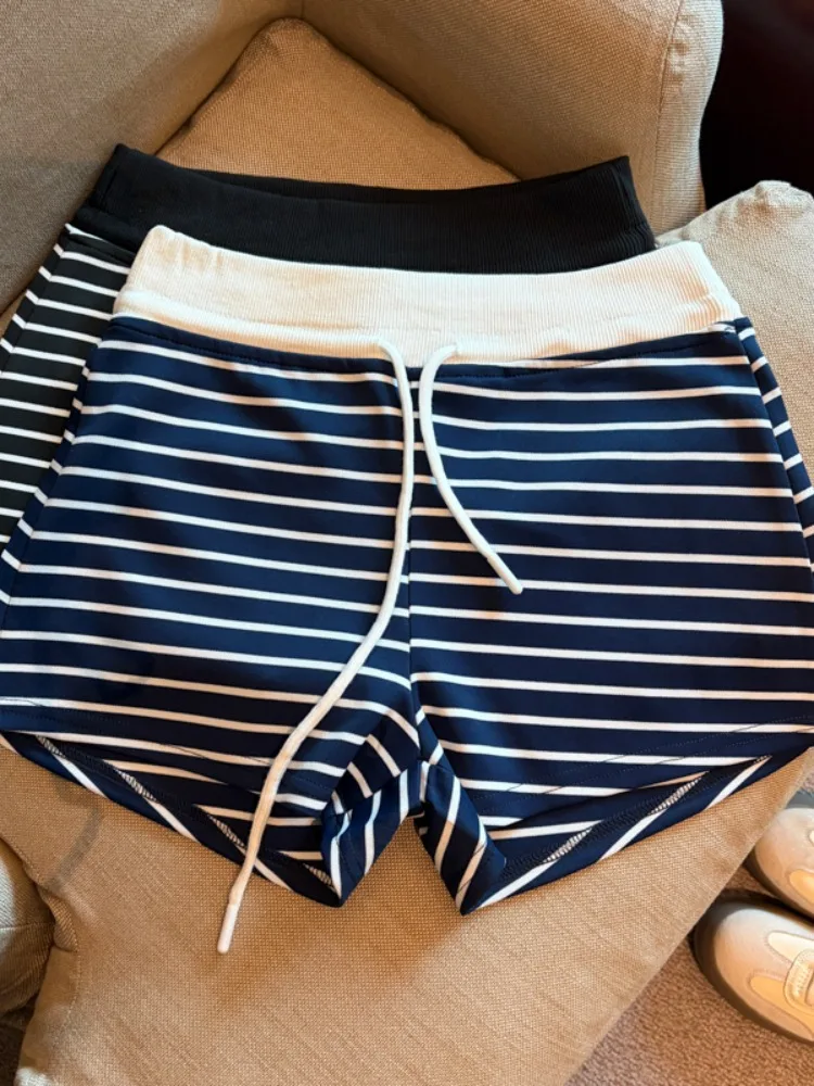 

Sporty Light Blue Striped Women's Shorts Summer Thin High Waist A-Line Wide Leg Three-Quarter Length Fitness Cycling Wear