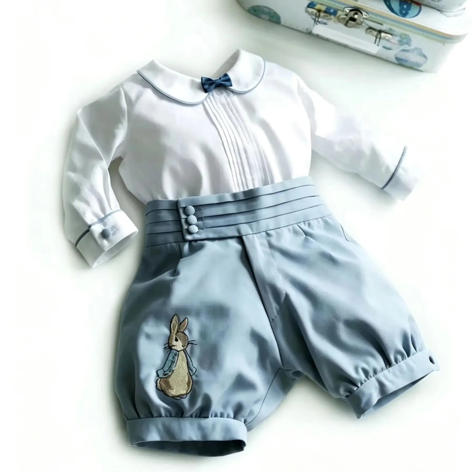 0-6Y Baby Boy Summer Rabbit Embroidery Letter Customized Blue Rompers White Shirt Set for Easter Eid Birthday  C93