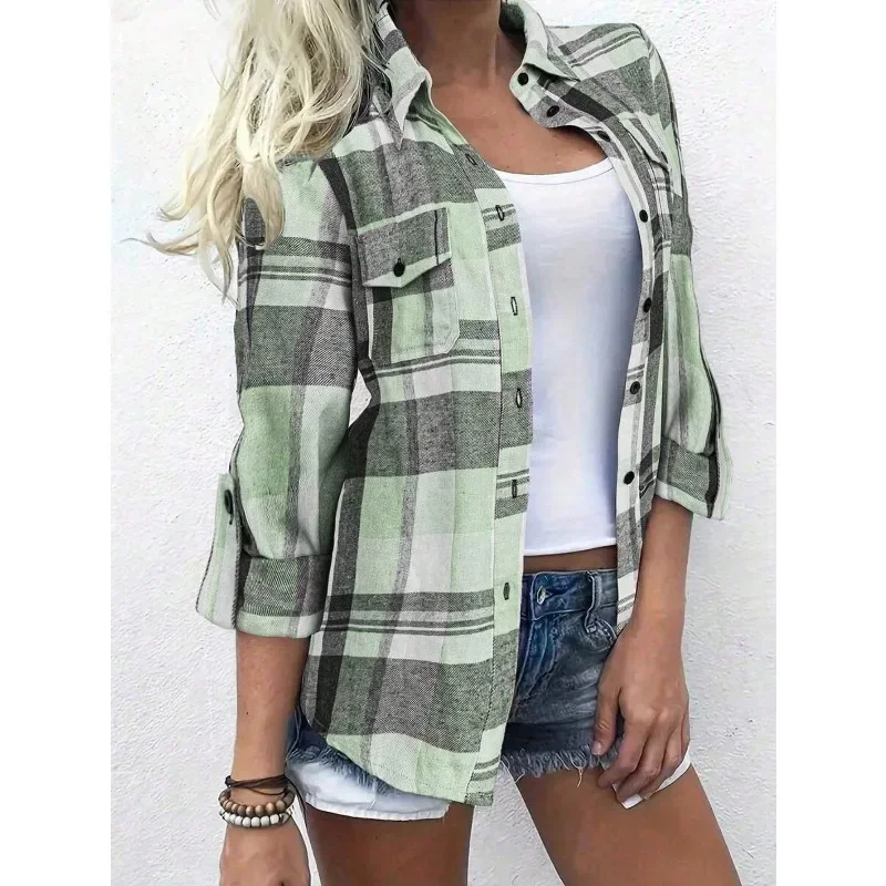 Koszula damska w kratę, rozmiary plus size 1XL-5XL, nowa kolekcja, luźny krój, długi rękaw, kołnierzyk, casualowe bluzki.