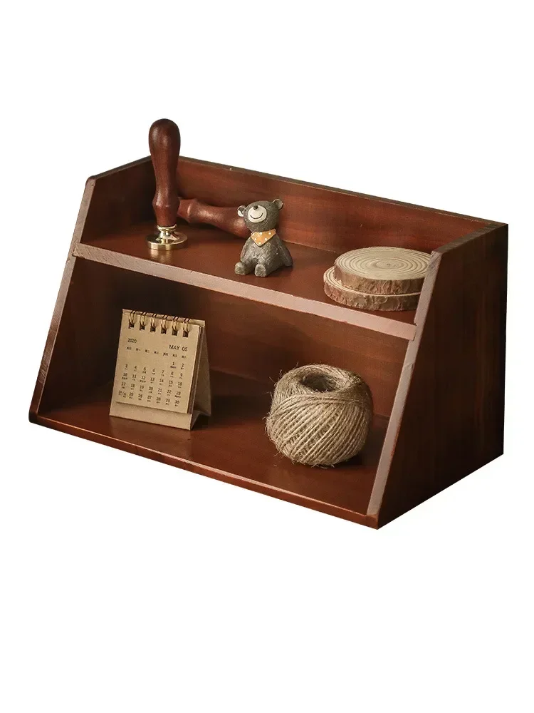 Tabletop Cosmetic Storage Box Wooden Double Retro Table Cup Shelf Wooden Office Storage Shelf