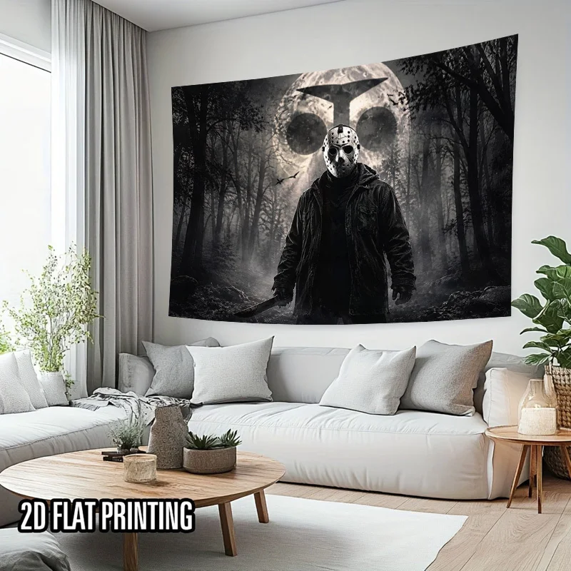 Scary Hockey Mask Killer Tapestry, Dark Forest Horror Wall Hanging, Gothic Halloween Decor, Cool Room Decor for Men Dorm