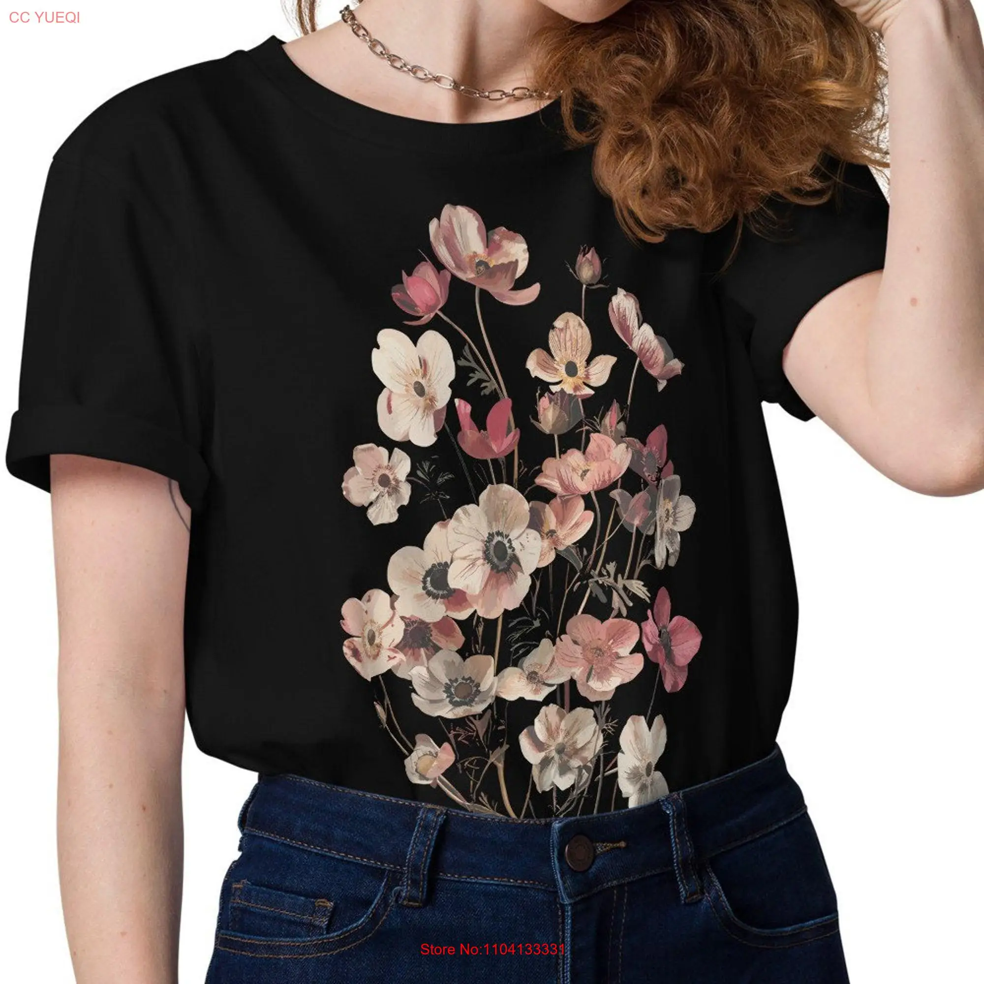 Vintage Pressed Wildflower T shirt Anemone Flower Cottagecore Botanical Girlfriend Present For Her long or short sleeves