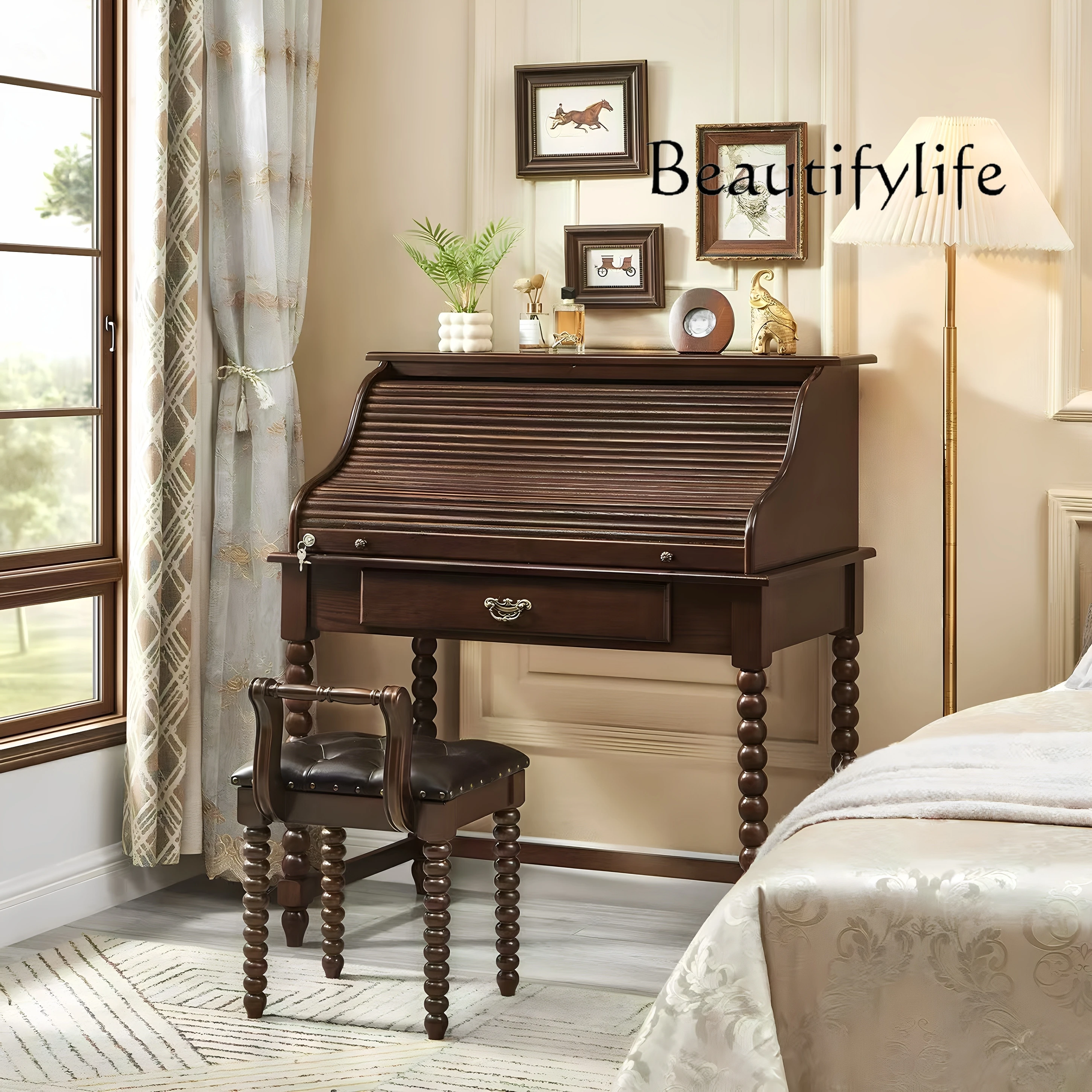 

French retro solid wood dresser, storage cabinet, integrated small apartment organ, roller shutter dresser, high-end designer mo