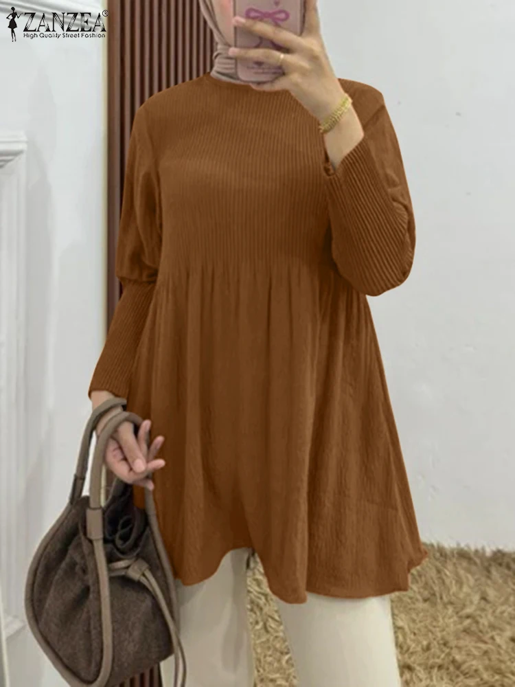 

ZANZEA Muslim Turkey Abaya Women Pleated Blouse Elegant Long Sleeve Solid Tops Kaftan Loose Islamic Clothing Elegant Work Shirt