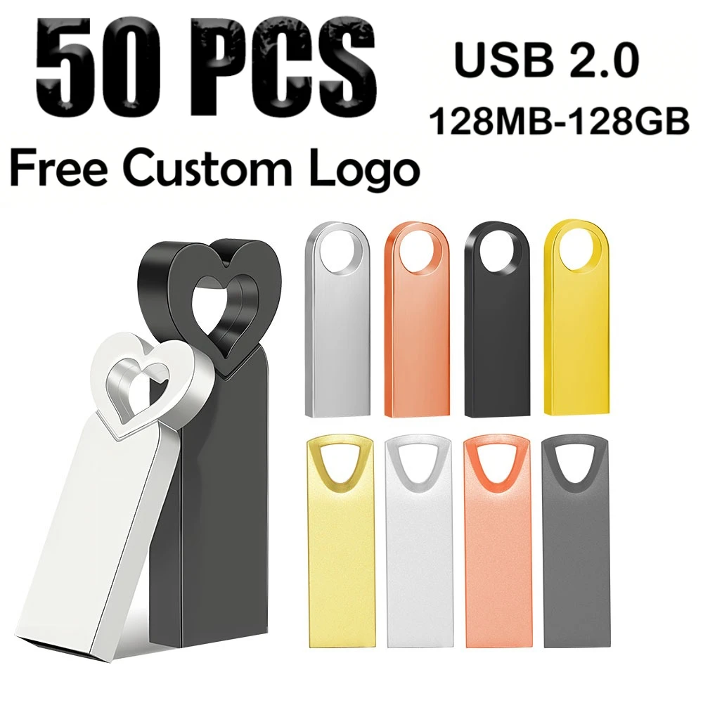 50pcs Free Custom Logo metal USB Flash Drive 128GB 64GB 32GB 8GB 4GB memory Flash USB Stick pen drive 128mb 512mb PenDrive 2.0