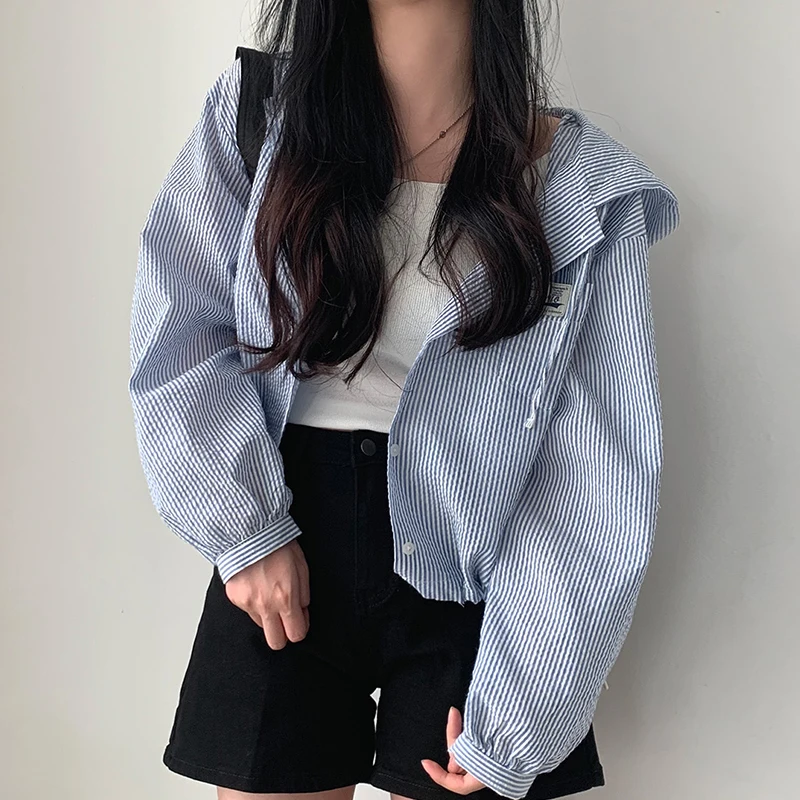 

Chic Early Autumn Faion Vertical Stripes Color Blo Hooded Loose Casual ort Coat Women's Korean Sle Long Sve irt