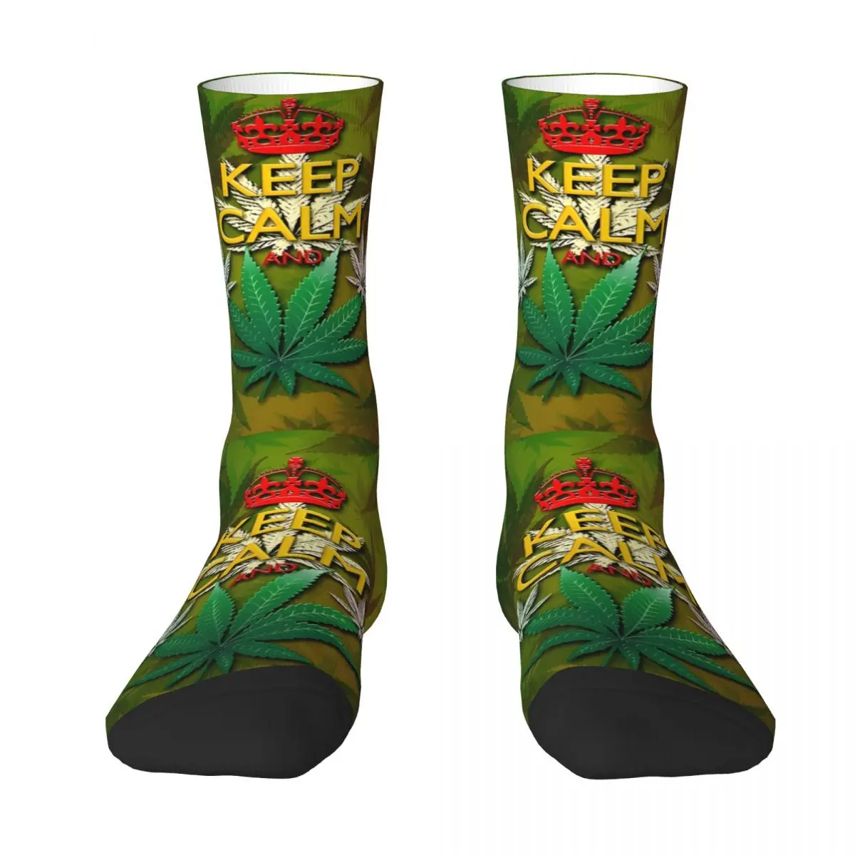 Funny Happy Sock for Men Keep Calm And Rasta Green Leaf Hip Hop Breathable Pattern Printed Crew Sock Novelty Gift