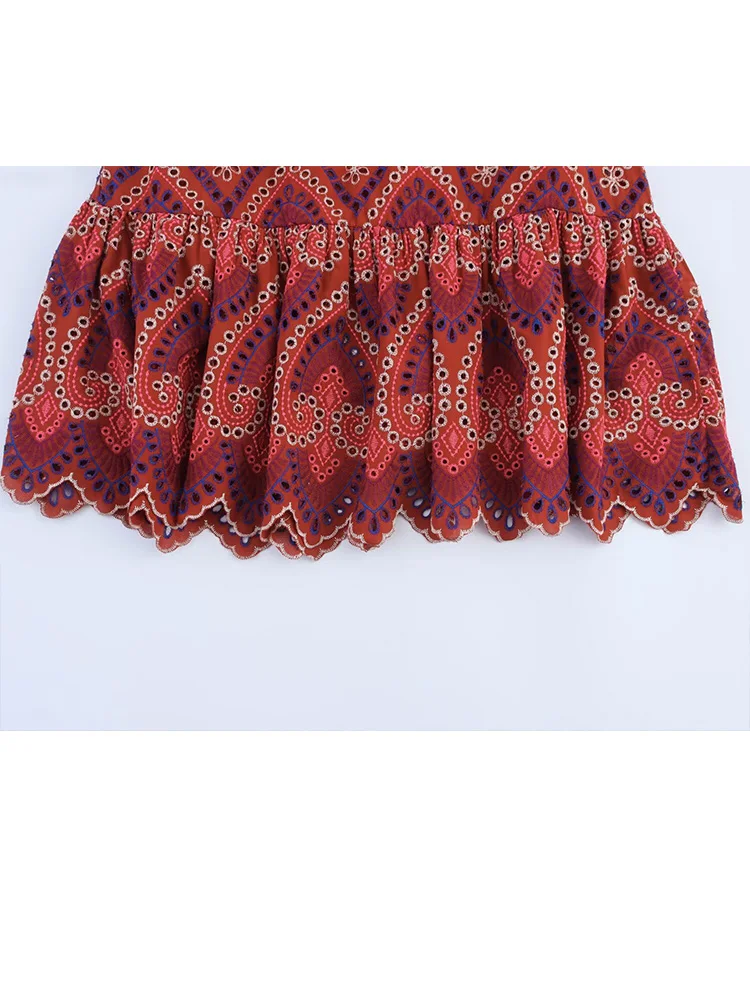 

HH Woman Fashion Round Neck Sleeveless Short Tops+Side Zipper Pleated Midi Skirt Casual Hollow Embroidery Spring Two Piece Set