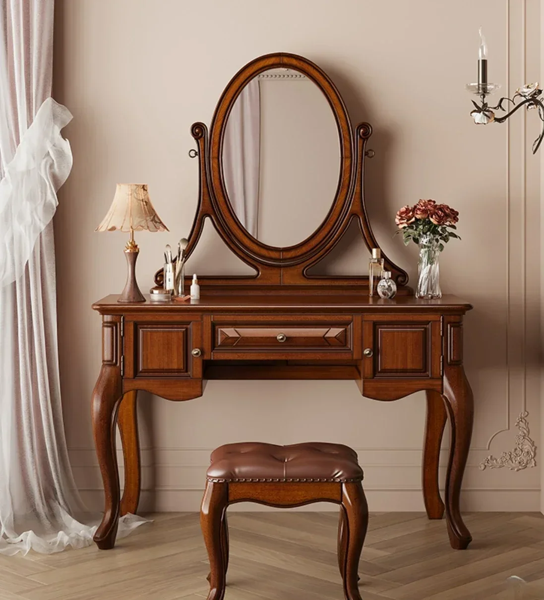 

Retro dresser, home bedroom, solid wood dressing table, simple dressing table, makeup stool in one