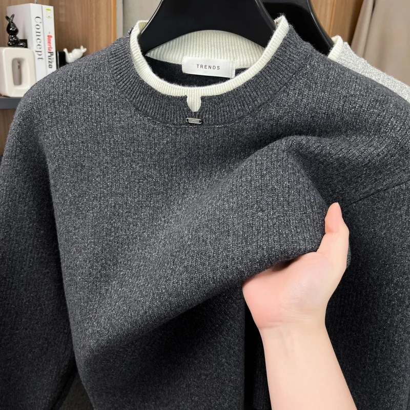 الرجال الخريف جودة عالية طويلة الأكمام سترة الجولة الرقبة نموذج جديد متماسكة كاذبة قطعتين الأعمال الترفيه الاتجاه ملابس للرجال