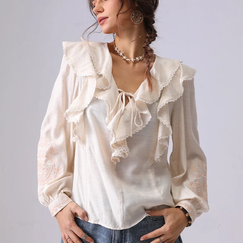 

French Elegant Vintage Embroidery Shirt Blouse Women Spring Autumn Tie V-Neck Ruffle Hem Long Sleeve Vocation Ladies Tops New