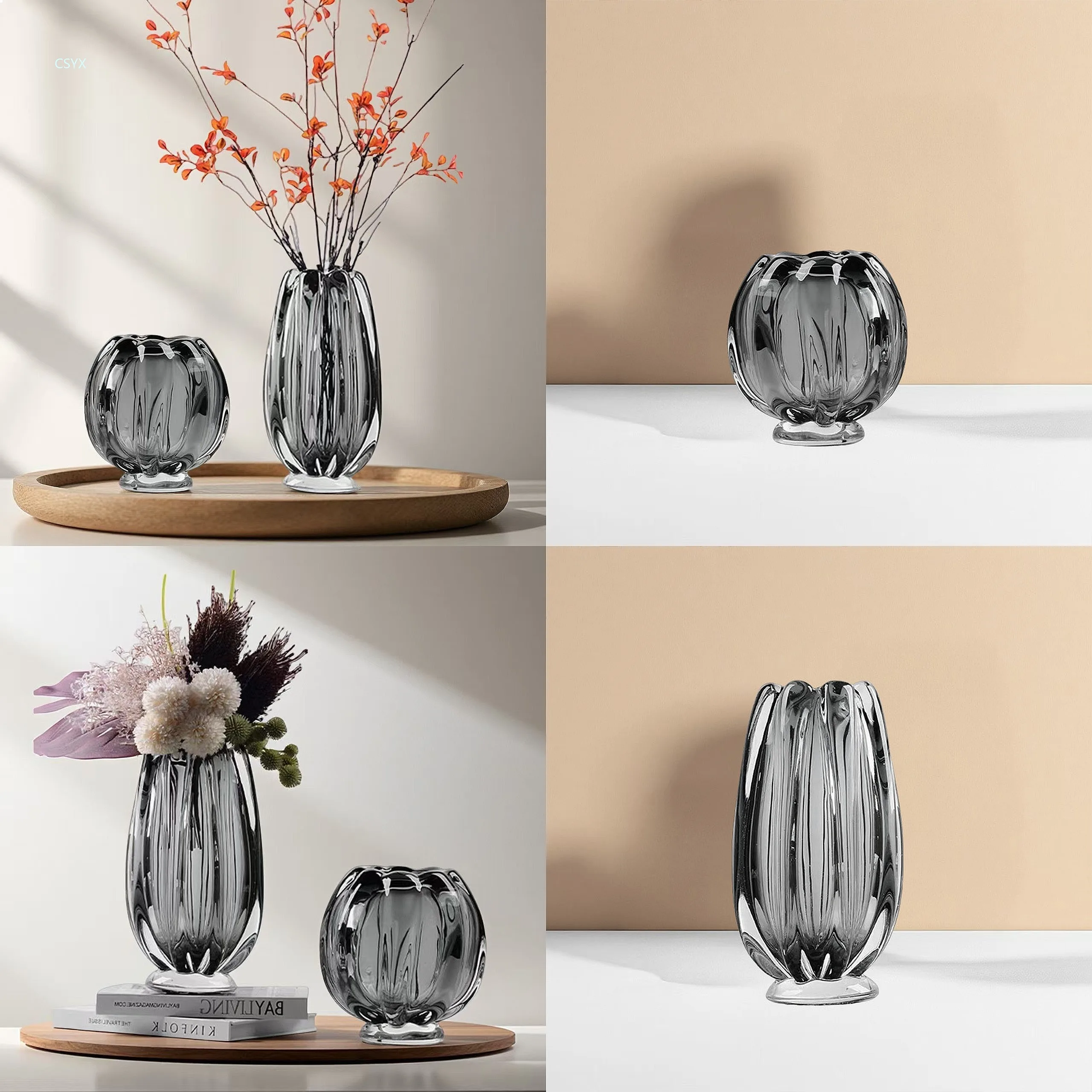 Vintage Smoky Grey Glass Vase Art Flower Arrangement Vessel Living Room Decor Ornament