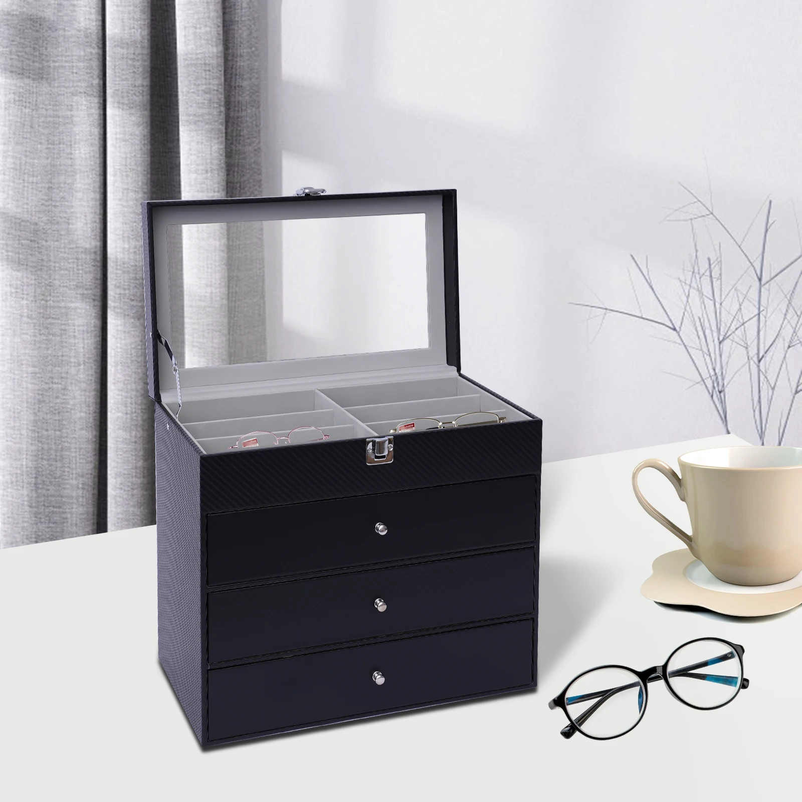 4-layer glasses display box storage box for glasses jewelry watches waterproof and Large Capacity Desktop storage cabinet with P