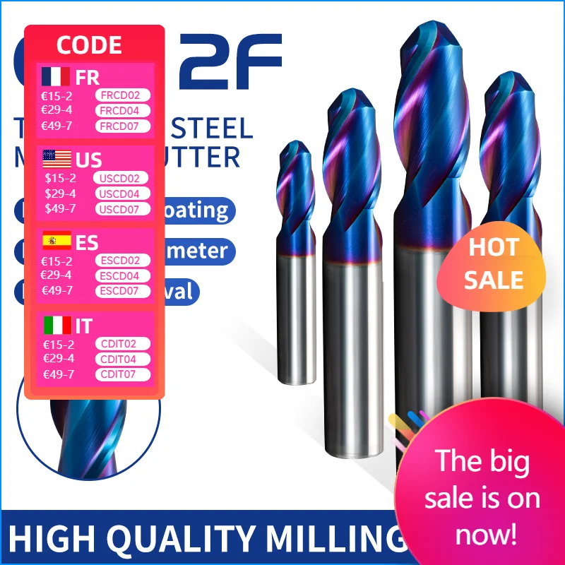 

2 Flutes HRC65 Ball End Alloy Carbide Milling Tungsten Steel Milling Cutter End Mills CNC Cutting Tools For Steel 50mm-75mm