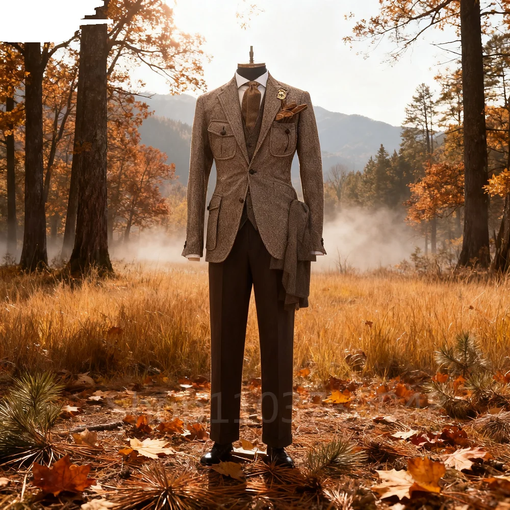 

Terno Masculino Marrom De Peixe Blazer, Smoking apenas, Tweed, Breasted, Formal, Male, XS-6XL