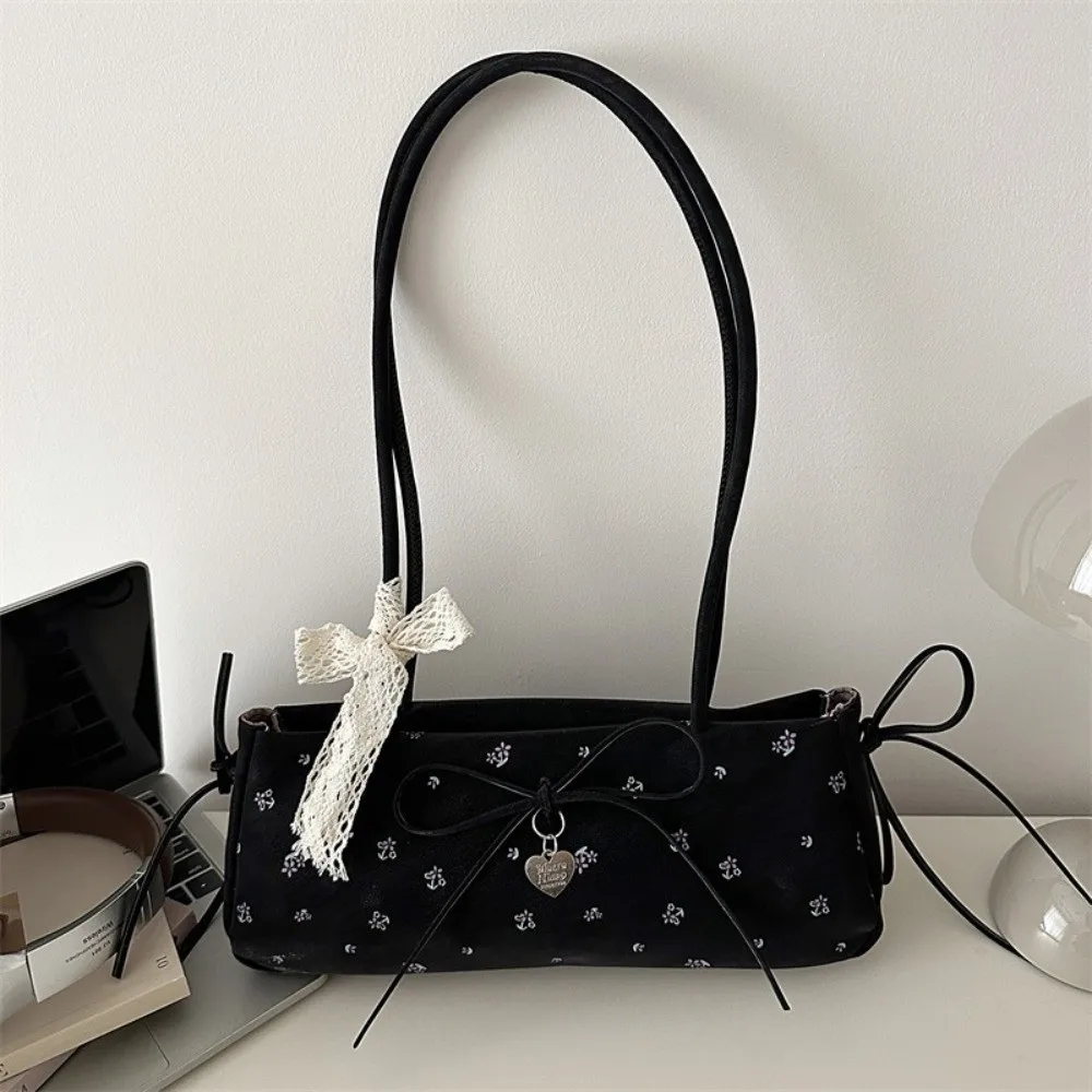 

Sweet Heart-Shaped Charm Long Slim Shoulder Bag Lace Bow Decoration Floral Print Handbag Vintage Adjustable Clutch Purse Daily