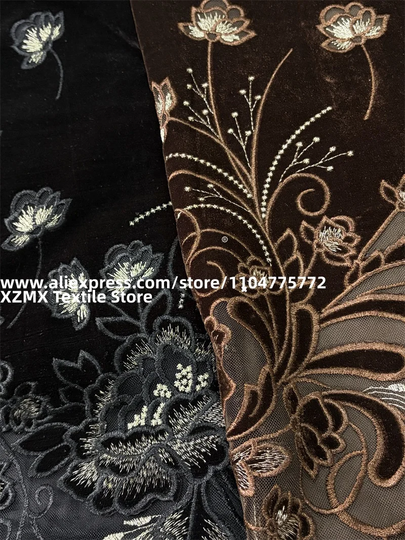 Velvet Base Single Side Position Laser Cutout Floral Embroidered Fabric Lace for Dress Garment & Home DIY Decoration