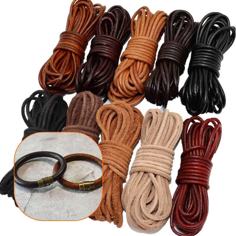 5 Meters Retro High Quality Genuine Leather Cord 2mm 3mm Round/Flat Strand Cow Leather Rope Fit Necklace Bracelets DIY Jewelry