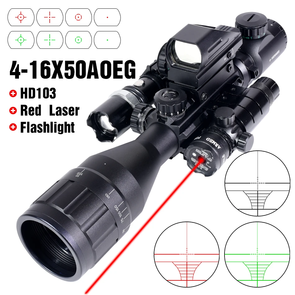 4-16X50AOEG， Equipped with HD103 Red Dot Aiming and Red 4-point Aiming Tactical Reflex Adjustable Zero Viewfinder, Suitable for Hunting equipment Combinations